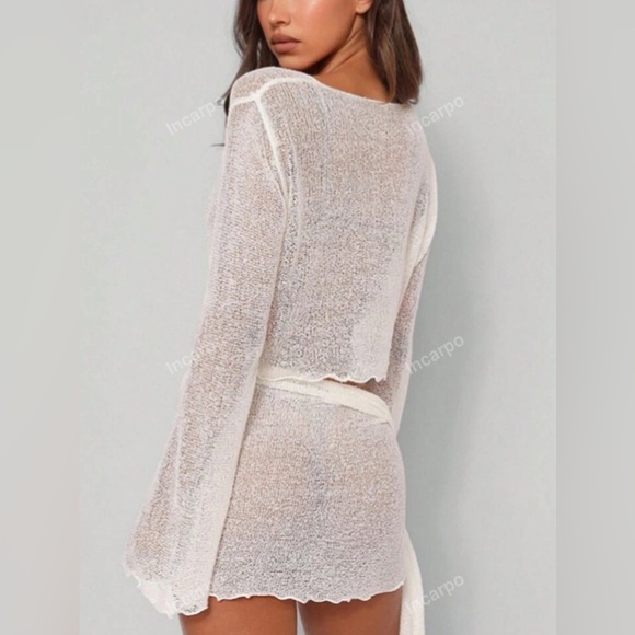 Tiger Mist White Purl Knit Tie Top Crop Top Long Sleeve Bikini Cover Cardigan S - Picture 4 of 5